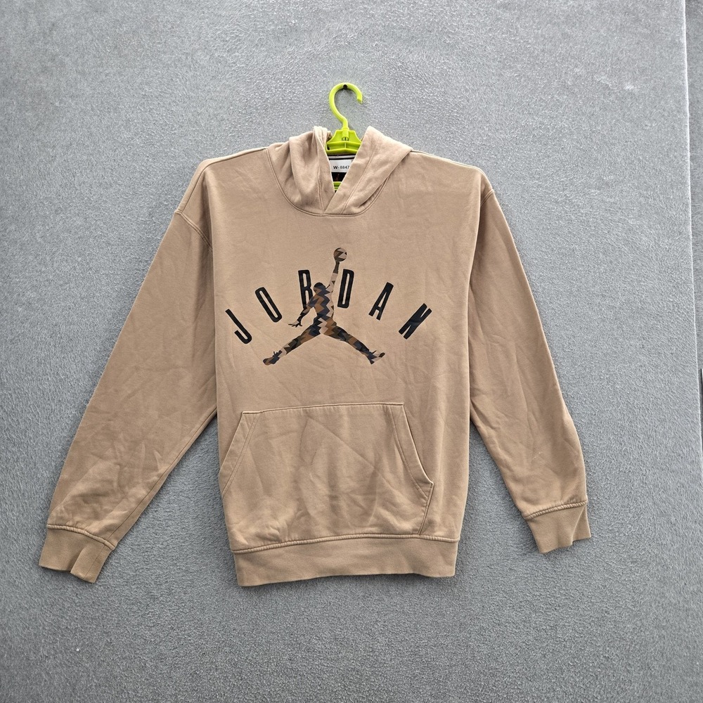 Jordan Men Hoodie L Tan Embroidered Flight MVP Fleece Jumpman Logo Pullover